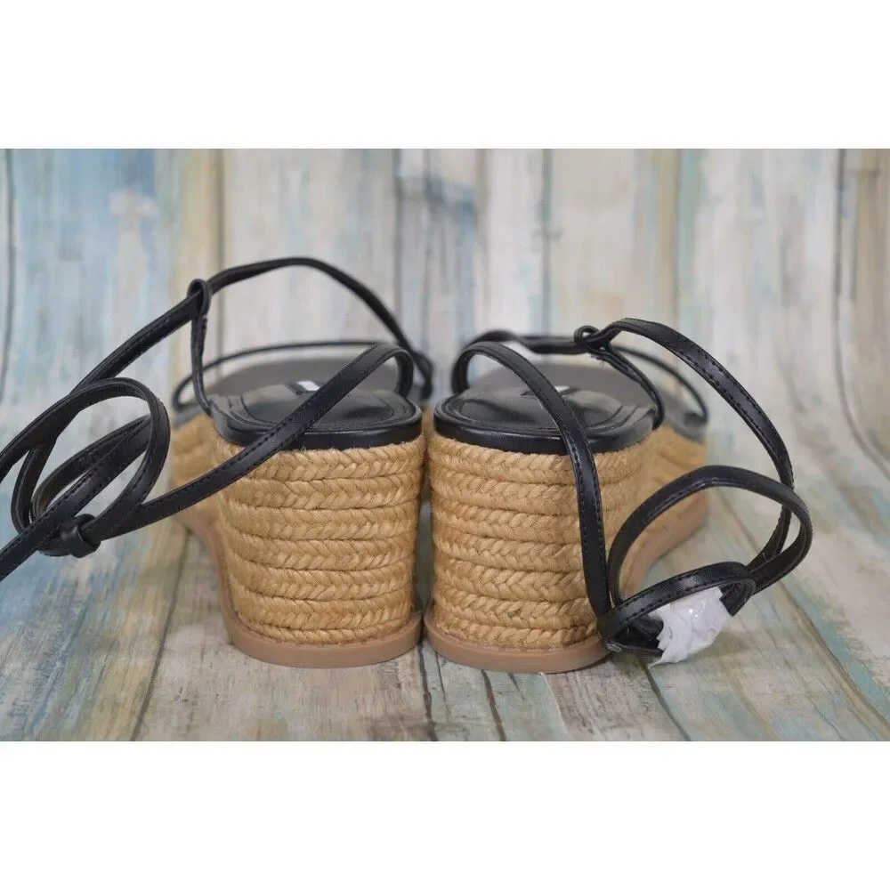 Nine West Alexx Wedge Sandals Size 9 Black Espadrille Ankle Strap Wedges